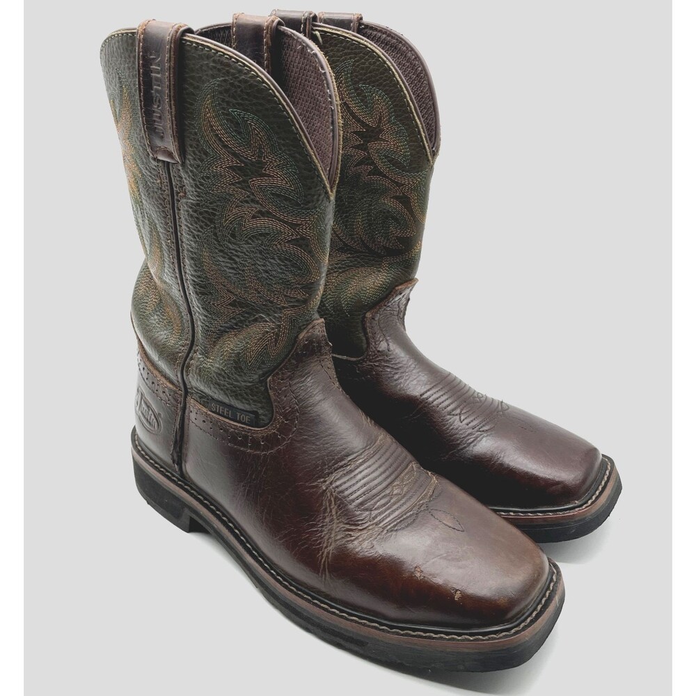 Justin Men Driller 11" Brown Green Leather Steel Toe Work Boots Size 8.5D SE4688